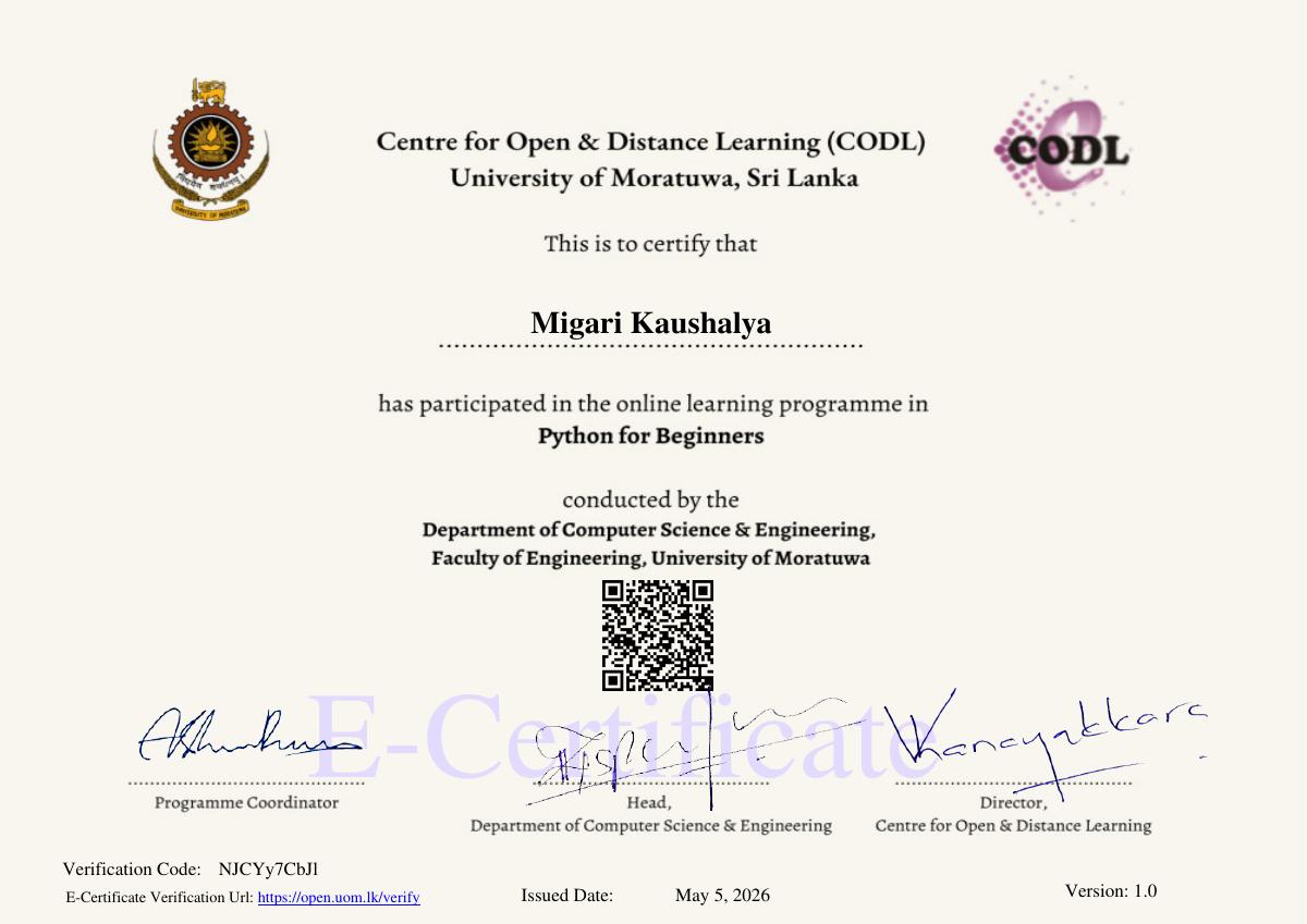 Python for Beginners certificate